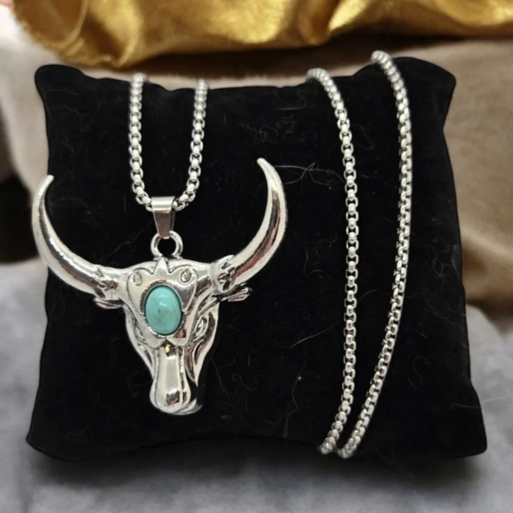 Longhorn Bull Western Steer Skull Stainless Steel Necklace Turquoise Pendant Men